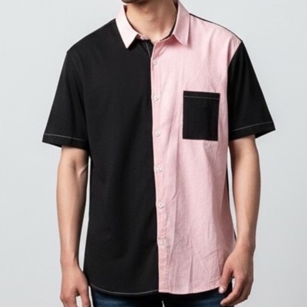 Romwe Mens XXL Pink Black Colorblock Corduroy Shirt NEW rockabilly pastal goth